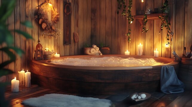 Cozy indoor bathtub scene with natural wooden textures soft candle lighting and artistic wall decor