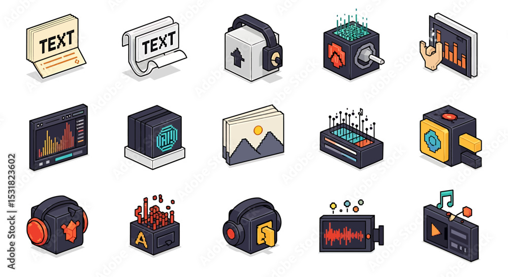 Poster vector icons set of isometric illustrations of tech icons representing various digital concepts. vec