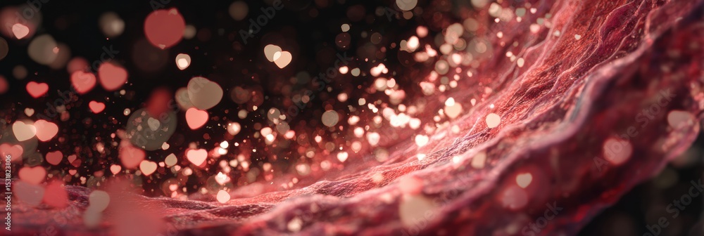 Poster cross-section view of a blood vessel showcasing glowing heart particles in a vibrant display of emot