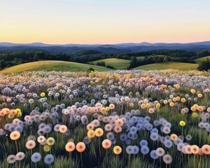 Colorful dandelion field at sunrise over hills