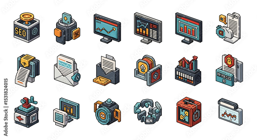 Poster vector icons set of isometric marketing and business icons depicting various digital concepts. vecto