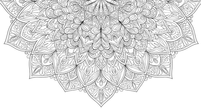 Intricate half mandala design with detailed floral and geometric patterns for coloring and artistic expression