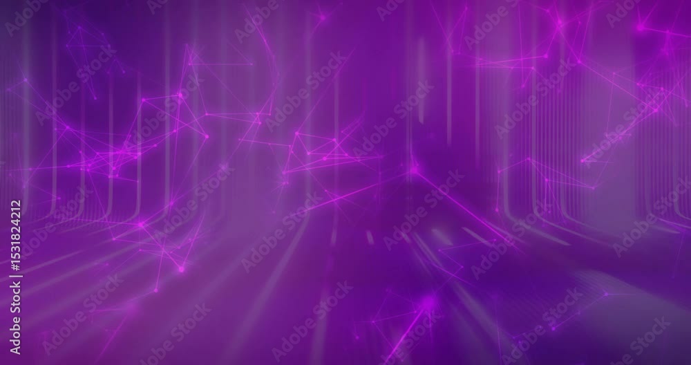 Poster purple haze fading nodes linking into pulsating data mesh with shifting beams representing network