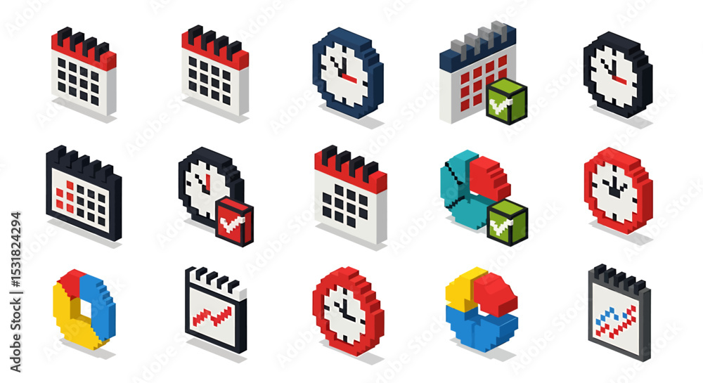 Poster vector icons set of isometric pixel art icons time management and scheduling. vector illustrations