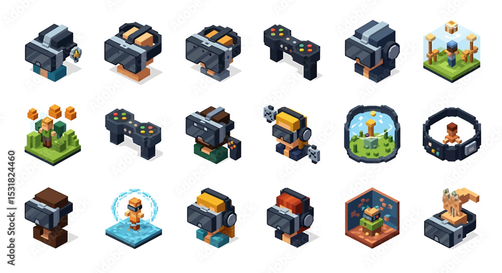 Poster vector icons set of isometric pixelated vr gaming set with headsets controllers and virtual worlds. 