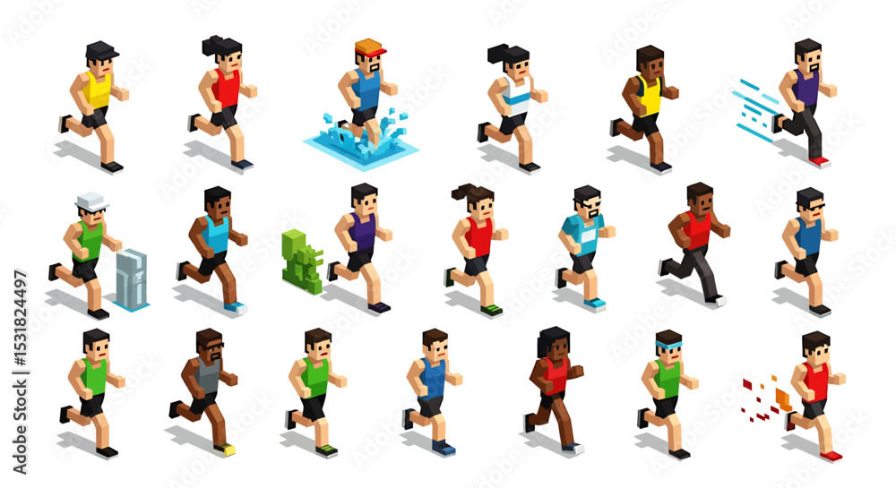 Poster vector icons set of isometric runners in various attire and poses representing diverse individuals. 