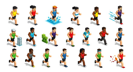 Vector Icons Set of Isometric Runners in Various Attire and Poses Representing Diverse Individuals. Vector Illustrations