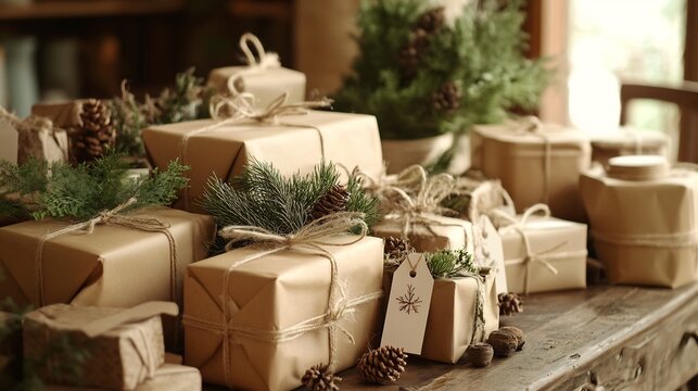 Cozy rustic packaging setup with eco conscious brown paper twine wrapped gifts and personalized tags