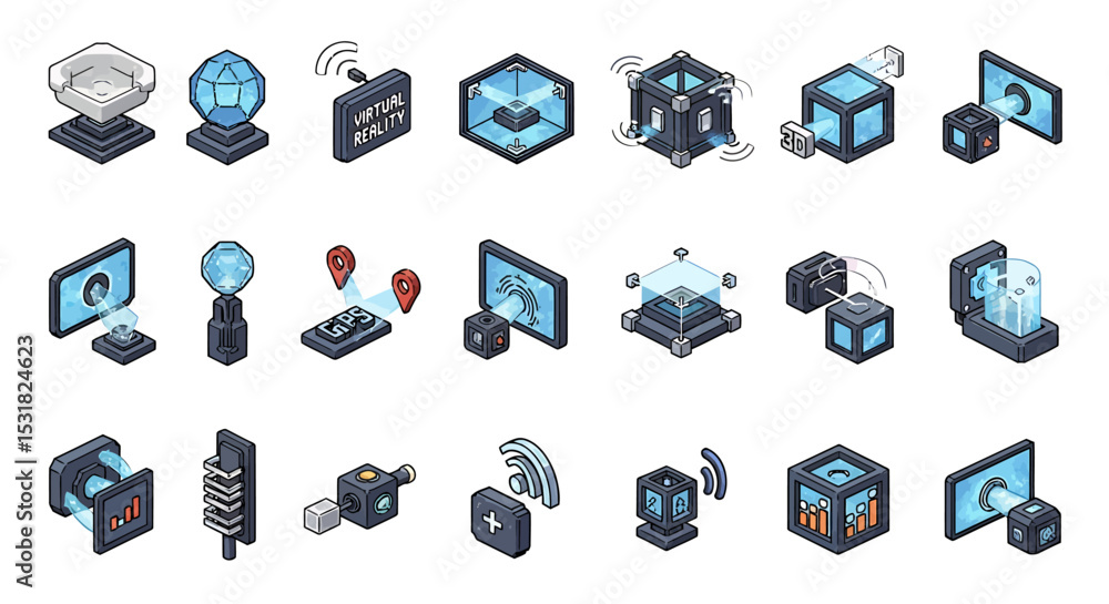 Poster vector icons set of isometric technology icons depicting virtual reality data and digital concepts. 