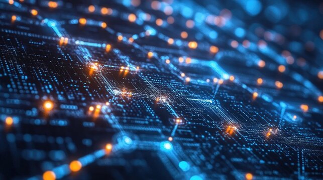 Blockchain technology visualization with glowing data blocks and decentralized networks 