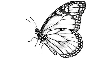 Detailed black and white illustration of a monarch butterfly with intricate wing patterns and delicate antennae