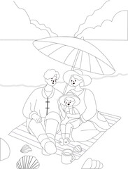 Beach Vacation Coloring Page – Family Travel Line Art Illustration