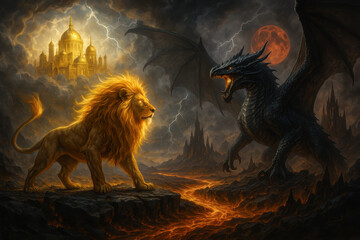 Lion of Judah Confronts Dragon Beneath Blood Moon – Biblical End Times Vision of Revelation, Strength, and Divine Power