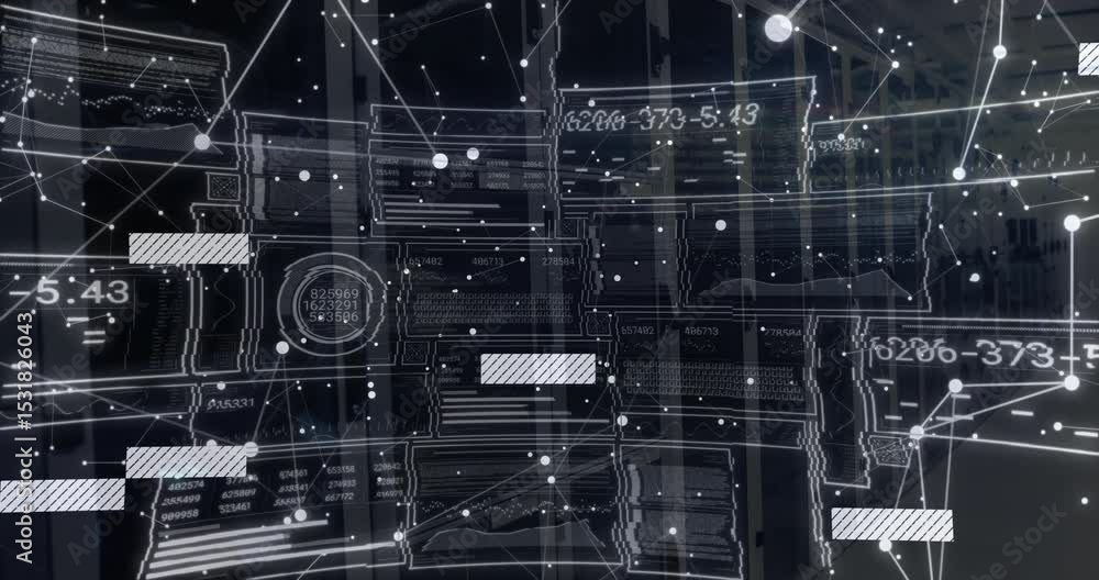 Poster Overlay projecting network grid, floating particles, shifting data bars, visualizing data flow