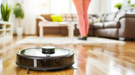 Robotic Vacuum Cleaning Living Room with Person in Background