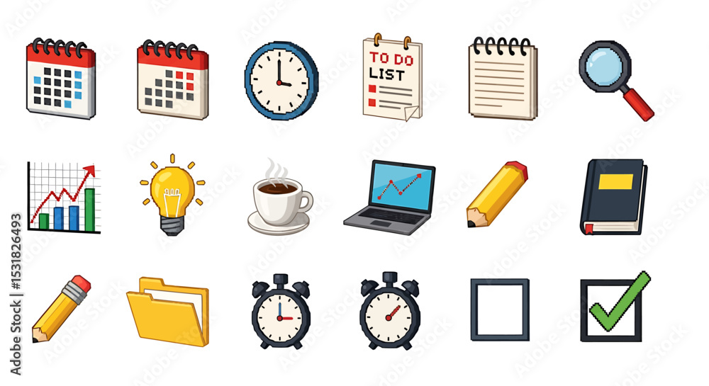 Poster vector icons set of pixel art icons productivity planning and time management set. vector illustrati