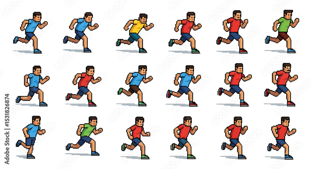 Poster vector icons set of pixelated runners in various colors demonstrating running cycle animation. vecto