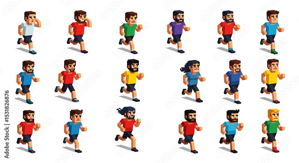 Poster vector icons set of pixelated running figures in various colors and poses. vector illustrations