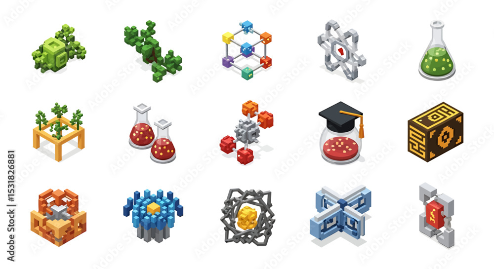Poster vector icons set of pixelated science icons set with educational elements. vector illustrations