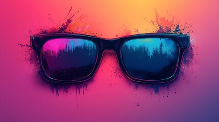 Retro sunglasses reflecting neon cityscape with vibrant color splashes