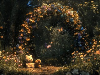 Teddy Bear in Enchanted Forest with Floral Archway and Butterflies