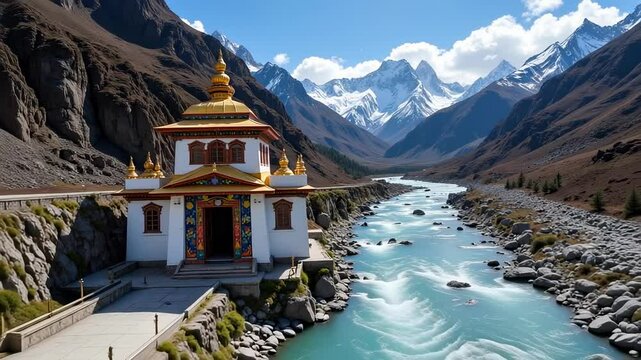 Majestic Badrinath Temple in the Himalayas Alaknanda River Drone View 4k Footage