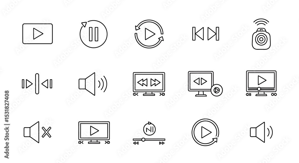 Poster vector icons set of simple line art icons representing multimedia controls. vector illustrations