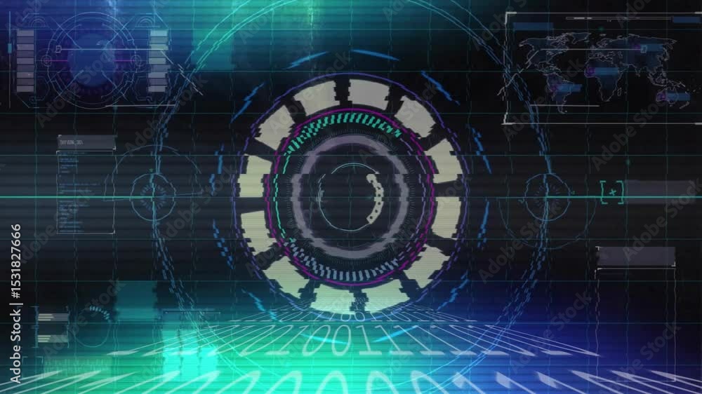 Poster animation starting grid receding code scrolling as interface assembling gauges scan beam sweeping