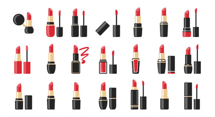 Obraz premium Vector Icons Set of Various Red Lipstick Styles in Different Packaging. Vector Illustrations