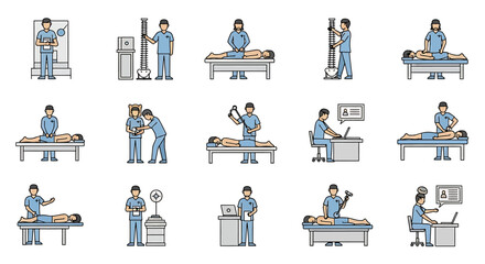 Vector Icons Set of Various Physiotherapy and Medical Procedures Illustrated. Vector Illustrations