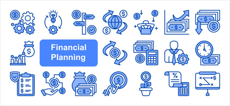 Financial planning icon collection set. Containing retirement, accounting, implementation, structure, insurance, tax receipt, planner icon. Simple line vector.