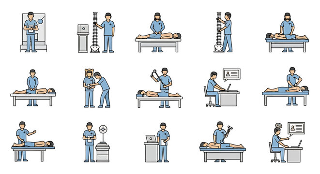 Vector Icons Set of Various Physiotherapy and Medical Procedures Illustrated. Vector Illustrations