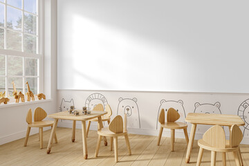 Minimalist Kids Room Wall Mockup with Bear & Lion Illustrations and Light Wood Furniture – Angled Front View – Transparent Wall PNG – 3D render