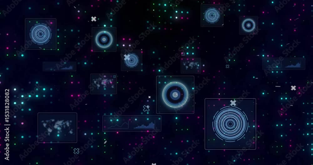 Poster opening dark navy grid, pixel dots drifting, data circles pulsating in overlay showing data flow
