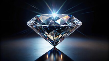A large, faceted diamond set against a dark, glossy background