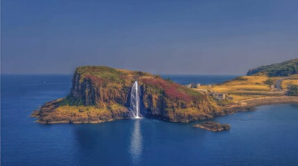 Coastal waterfall cascading over rocky outcrop