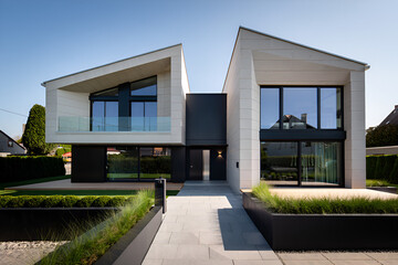Modern angular house with large windows and manicured landscaping