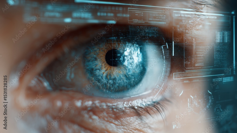 Poster Virtual Eye Exam Interface Displayed on Computer Screen With Futuristic Design Showing Detailed Data Analysis and a Clear View