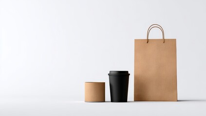 Brown paper bag, black coffee cup, beige container