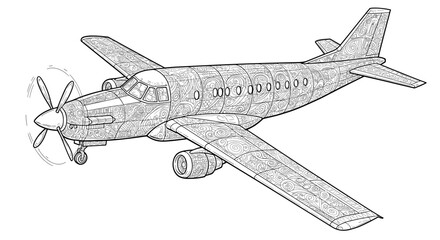 Detailed airplane illustration with intricate patterns for coloring book enthusiasts and aviation aficionados alike