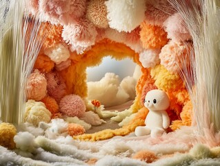 Dreamy landscape with fluffy clouds and a cute plush toy, a whimsical wonderland