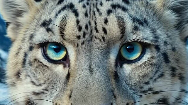 A close-up shot focuses on the captivating face of a snow leopard, with blue eyes.