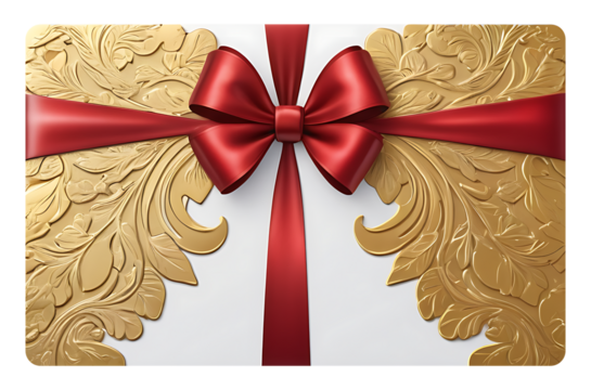 White and gold luxury gift voucher template with rich red bow and gold floral detail for premium celebratory gifting
