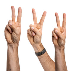 Three Hands Showing Peace Sign: Victory Gesture Photography on transparent background