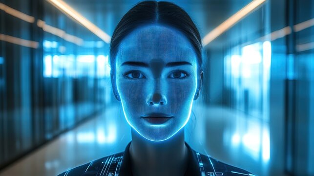 A virtual business assistant AI appearing as a lifelike hologram in a futuristic office