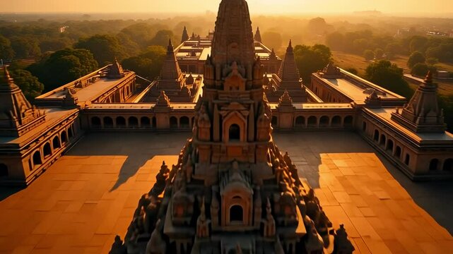 Majestic Aerial View of Puri's Jagannath Temple Complex showcasing its sprawling architecture and intricate spiraling towers in stunning 4K detail.