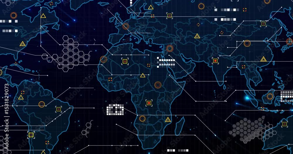 Poster neon-blue map drawing outlines spawning data lines pulsing icons and hex grids scanning network