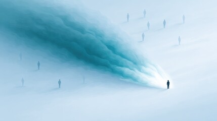 A figure surrounded by dark emotional smoke drifting into others nearby. toxic emotional atmosphere, anxiety spreading through space, workplace stress influence.