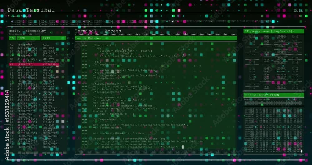 Poster data terminal text starting neon grid splitting, revealing terminal panel animating code decryption