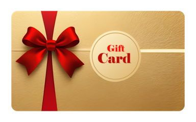 Stylish gold gift card with red bow and round center emblem, perfect for elegant shopping voucher or business promotion